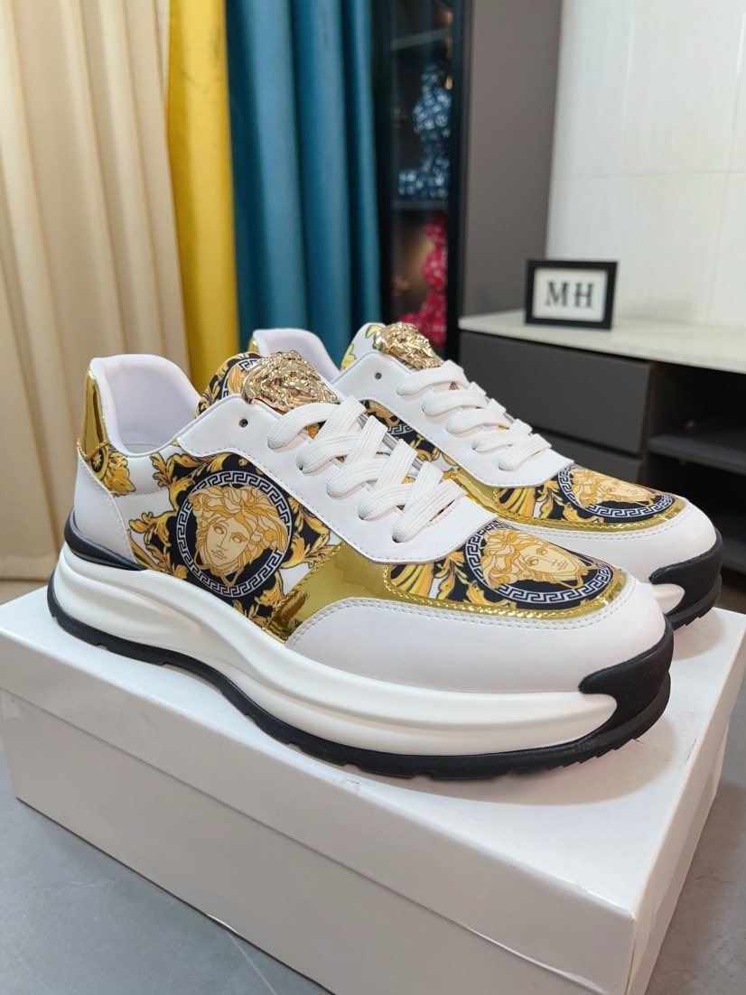Versace Men's Gold Pattern Leather Sneakers