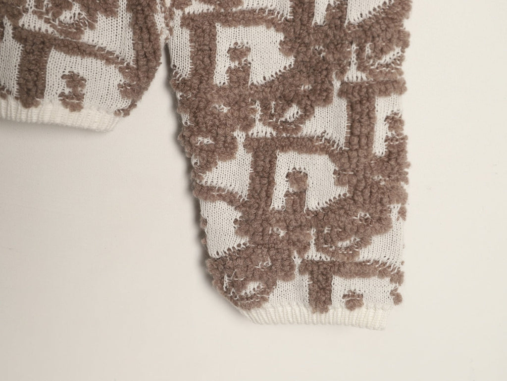 Dior CD Oblique Pattern Zip-Front Knit Cardigan - Beige